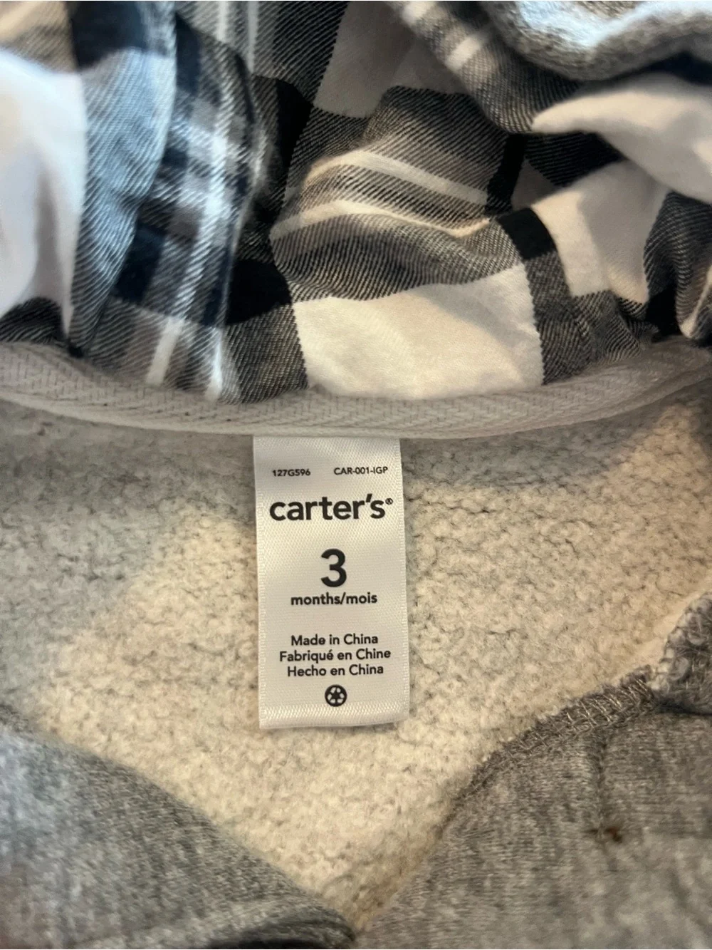 Carter's Gray Hooded Toggle Sweatshirt with Plaid Lining